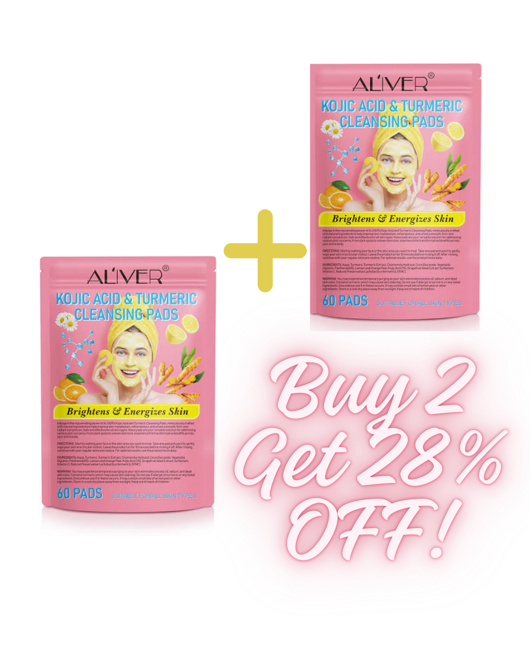 ALIVER Cleansing Glow Pads – 60 Count Brighten | Natural Skincare | Gentle Daily Exfoliation